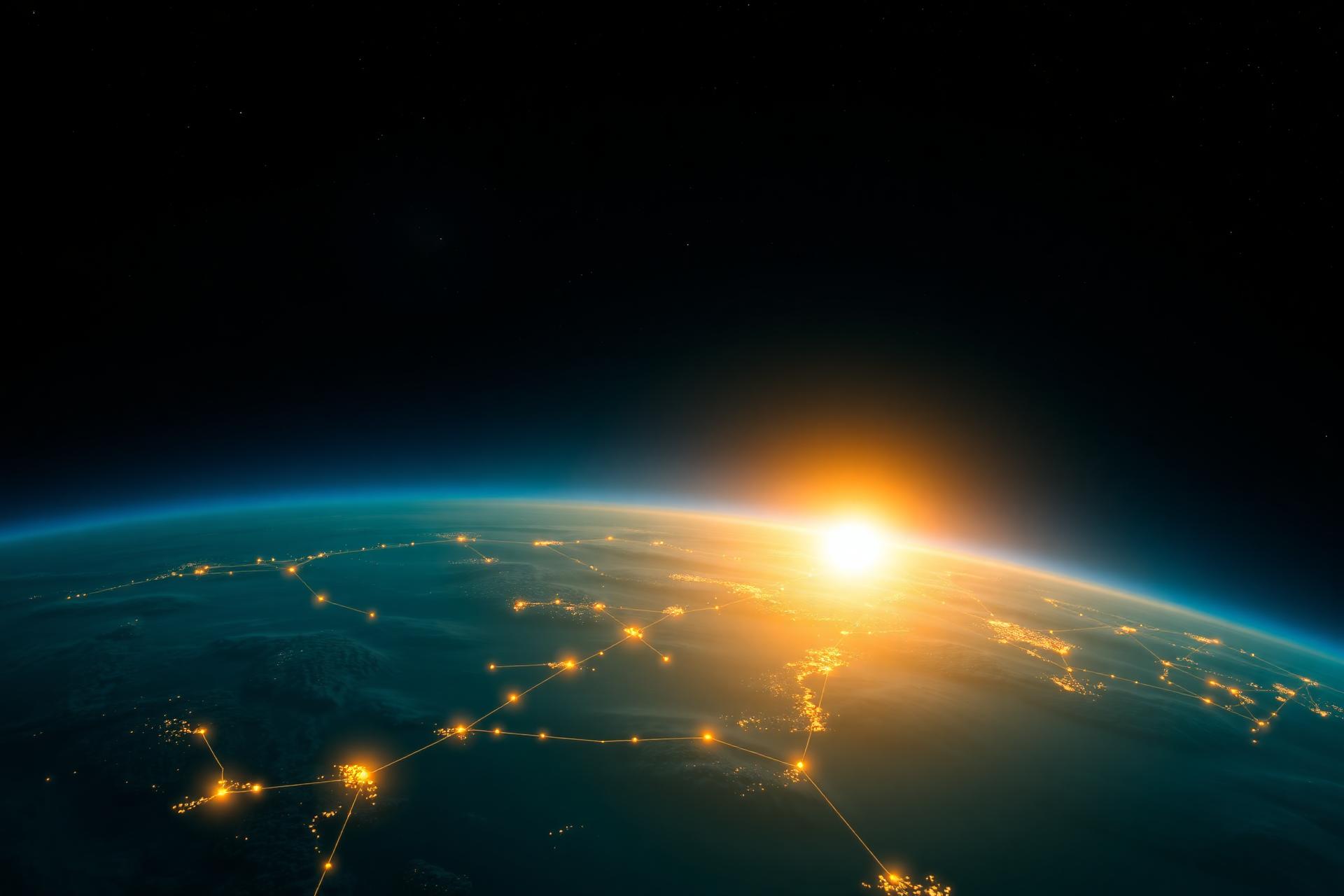 Earth from space with a network of golden lights connecting continents
